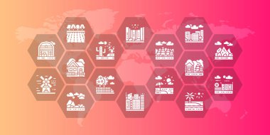 Landscape horizontal outline illustration. Bridge, Forest, Garden, Volcano, Windmill icon banner. Web banner layout template. Abstract Nature background.