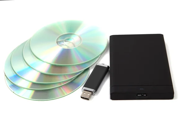 Data storage device, CD ROM, flash memory and external USB hard disk — Stock Photo, Image