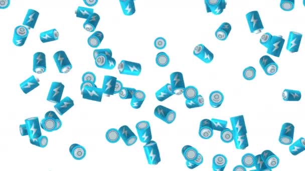 Muchas Baterías Azules Flotando Aire Sobre Fondo Blanco Símbolo Poder — Vídeo de stock
