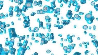 Beyaz arka planda havada yüzen birçok mavi batarya. Güç ve enerjinin sembolü. Yıldırım çizimi. İş konsepti. Döngü canlandırması.