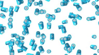 Beyaz arka planda havada yüzen birçok mavi batarya. Güç ve enerjinin sembolü. Yıldırım çizimi. İş konsepti. Döngü canlandırması.