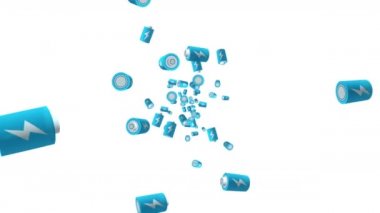 Beyaz arka planda havada yüzen birçok mavi batarya. Güç ve enerjinin sembolü. Yıldırım çizimi. İş konsepti. Döngü canlandırması.