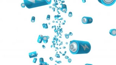 Beyaz arka planda havada yüzen birçok mavi batarya. Güç ve enerjinin sembolü. Yıldırım çizimi. İş konsepti. Döngü canlandırması.