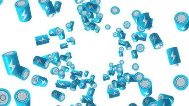 Beyaz arka planda havada yüzen birçok mavi batarya. Güç ve enerjinin sembolü. Yıldırım çizimi. İş konsepti. Döngü canlandırması.