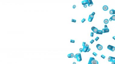 Beyaz arka planda havada yüzen birçok mavi batarya. Güç ve enerjinin sembolü. Yıldırım çizimi. İş konsepti. Döngü canlandırması.