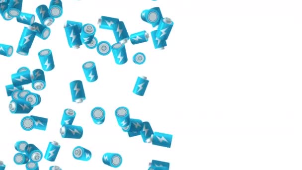 Molte Batterie Blu Galleggianti Aria Sfondo Bianco Simbolo Potere Energia — Video Stock