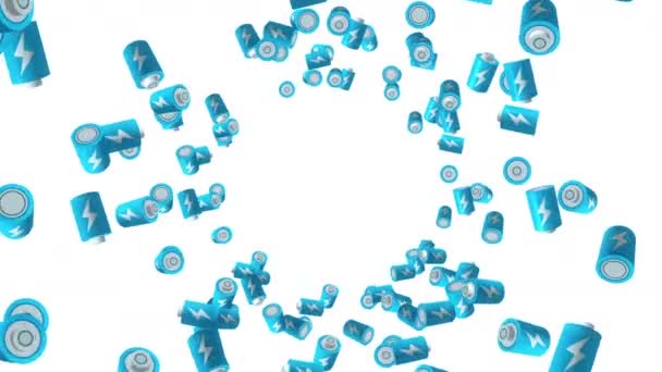 许多蓝色电池在白色背景上漂浮在空气中 权力和能量的象征 闪电图解 商业概念 循环动画 — 图库视频影像