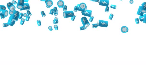 白い背景に空中に浮かぶ多くの青い電池 権力とエネルギーの象徴 稲妻のイラスト ビジネスコンセプト ループアニメーション — ストック動画