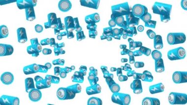 Beyaz arka planda havada yüzen birçok mavi batarya. Güç ve enerjinin sembolü. Yıldırım çizimi. İş konsepti. Döngü canlandırması.