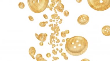 Birçok kahverengi dikiş düğmesi beyaz arka planda havada yüzüyor. İş bağlantısı konsepti. Parlak ahşap düğme. 3B döngü canlandırması.