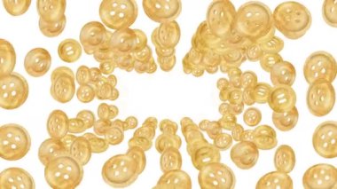 Birçok kahverengi dikiş düğmesi beyaz arka planda havada yüzüyor. İş bağlantısı konsepti. Parlak ahşap düğme. 3B döngü canlandırması.