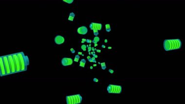 Birçok batarya siyah arka planda havada yüzüyor. Güç ve enerjinin sembolü. Yükleme seviyesi simgesi. İş konsepti. Döngü canlandırması.