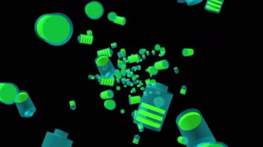 Birçok batarya siyah arka planda havada yüzüyor. Güç ve enerjinin sembolü. Yükleme seviyesi simgesi. İş konsepti. Döngü canlandırması.