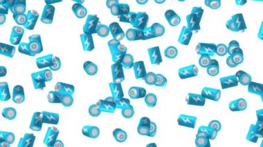 Beyaz arka planda havada yüzen birçok mavi batarya. Güç ve enerjinin sembolü. Yıldırım çizimi. İş konsepti. Döngü canlandırması.