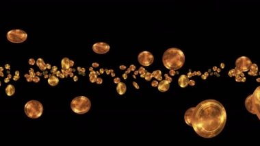 Siyah arka planda havada yüzen altın antika paralar. Hazinede altın para. İş büyümesi konsepti. Döngü canlandırması.