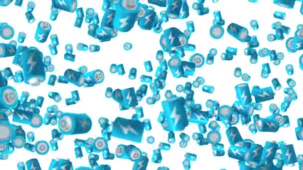 Много Синих Батарей Плавающих Воздухе Белом Фоне Символ Силы Энергии — стоковое видео