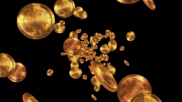 Gyllene Antika Mynt Flyter Luften Svart Bakgrund Guldmynt Skatt Affärstillväxt — Stockvideo