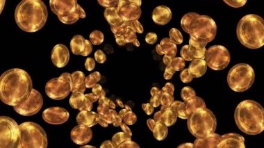 Siyah arka planda havada yüzen altın antika paralar. Hazinede altın para. İş büyümesi konsepti. Döngü canlandırması.