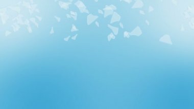 Birçok kırık cam mavi arka planda havada yüzüyor. İş hasar konsepti. Keskin bir kırık cam parçası. Döngü canlandırması.