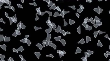 Birçok kırık cam, siyah arka planda havada yüzüyor. İş hasar konsepti. Keskin bir kırık cam parçası. Döngü canlandırması.