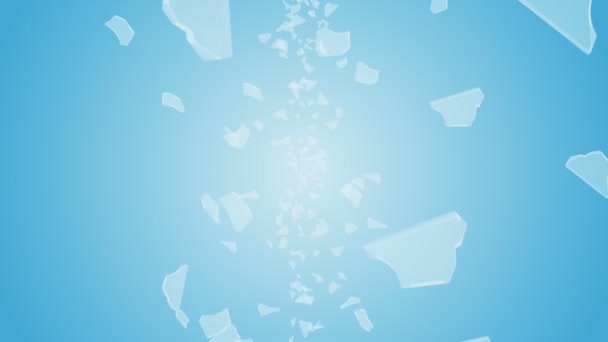 许多破碎的玻璃杯在蓝色背景的空气中飘扬 商业损害概念 锋利的碎玻璃碎片 循环动画 — 图库视频影像