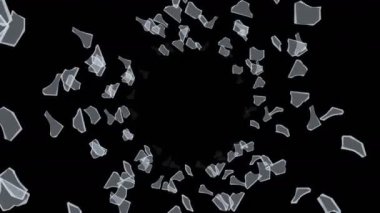 Birçok kırık cam, siyah arka planda havada yüzüyor. İş hasar konsepti. Keskin bir kırık cam parçası. Döngü canlandırması.
