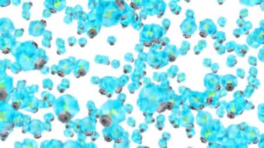 Birçok mavi ampul beyaz arka planda havada yüzüyor. Yaratıcılık konsepti. Parlayan ampulün üç boyutlu çokgen çizimi. Döngü canlandırması.