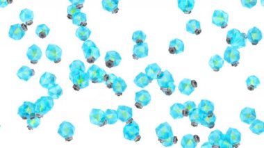 Birçok mavi ampul beyaz arka planda havada yüzüyor. Yaratıcılık konsepti. Parlayan ampulün üç boyutlu çokgen çizimi. Döngü canlandırması.