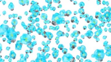 Birçok mavi ampul beyaz arka planda havada yüzüyor. Yaratıcılık konsepti. Parlayan ampulün üç boyutlu çokgen çizimi. Döngü canlandırması.