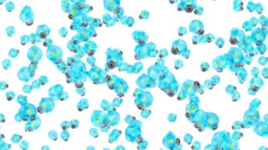 Birçok mavi ampul beyaz arka planda havada yüzüyor. Yaratıcılık konsepti. Parlayan ampulün üç boyutlu çokgen çizimi. Döngü canlandırması.