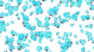 Birçok mavi ampul beyaz arka planda havada yüzüyor. Yaratıcılık konsepti. Parlayan ampulün üç boyutlu çokgen çizimi. Döngü canlandırması.