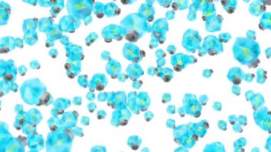 Birçok mavi ampul beyaz arka planda havada yüzüyor. Yaratıcılık konsepti. Parlayan ampulün üç boyutlu çokgen çizimi. Döngü canlandırması.