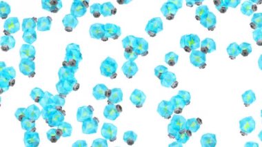 Birçok mavi ampul beyaz arka planda havada yüzüyor. Yaratıcılık konsepti. Parlayan ampulün üç boyutlu çokgen çizimi. Döngü canlandırması.