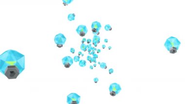 Birçok mavi ampul beyaz arka planda havada yüzüyor. Yaratıcılık konsepti. Parlayan ampulün üç boyutlu çokgen çizimi. Döngü canlandırması.