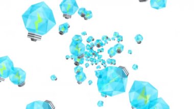 Birçok mavi ampul beyaz arka planda havada yüzüyor. Yaratıcılık konsepti. Parlayan ampulün üç boyutlu çokgen çizimi. Döngü canlandırması.