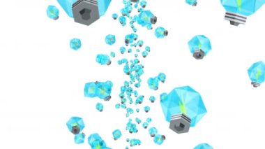 Birçok mavi ampul beyaz arka planda havada yüzüyor. Yaratıcılık konsepti. Parlayan ampulün üç boyutlu çokgen çizimi. Döngü canlandırması.