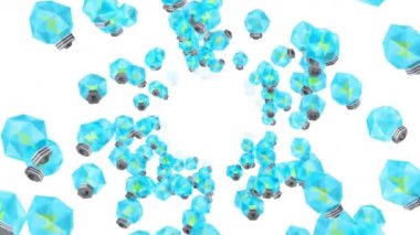 Birçok mavi ampul beyaz arka planda havada yüzüyor. Yaratıcılık konsepti. Parlayan ampulün üç boyutlu çokgen çizimi. Döngü canlandırması.