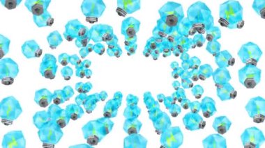 Birçok mavi ampul beyaz arka planda havada yüzüyor. Yaratıcılık konsepti. Parlayan ampulün üç boyutlu çokgen çizimi. Döngü canlandırması.