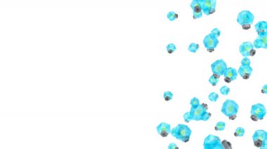 Birçok mavi ampul beyaz arka planda havada yüzüyor. Yaratıcılık konsepti. Parlayan ampulün üç boyutlu çokgen çizimi. Döngü canlandırması.