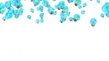 Birçok mavi ampul beyaz arka planda havada yüzüyor. Yaratıcılık konsepti. Parlayan ampulün üç boyutlu çokgen çizimi. Döngü canlandırması.