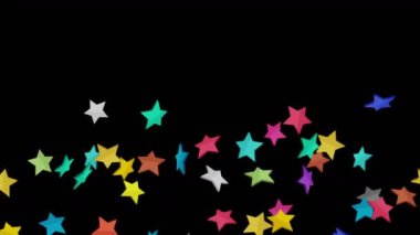 Birçok renkli yıldız siyah arka planda havada yüzüyor. Yıldız simgeleri patlama illüstrasyonu. Çocukluk eğitimi konsepti. 3B döngü canlandırması.