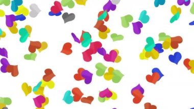 Birçok renkli kalp beyaz arka planda havada süzülüyor. Kalp simgeleri patlama illüstrasyonu. Çocukluk eğitimi konsepti. 3B döngü canlandırması.
