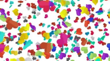 Birçok renkli kalp beyaz arka planda havada süzülüyor. Kalp simgeleri patlama illüstrasyonu. Çocukluk eğitimi konsepti. 3B döngü canlandırması.