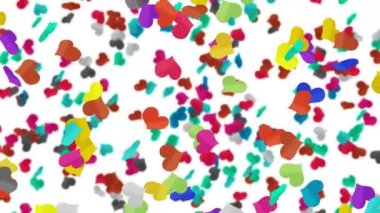 Birçok renkli kalp beyaz arka planda havada süzülüyor. Kalp simgeleri patlama illüstrasyonu. Çocukluk eğitimi konsepti. 3B döngü canlandırması.