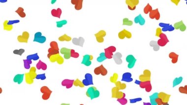 Birçok renkli kalp beyaz arka planda havada süzülüyor. Kalp simgeleri patlama illüstrasyonu. Çocukluk eğitimi konsepti. 3B döngü canlandırması.