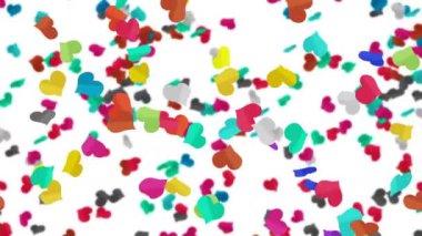 Birçok renkli kalp beyaz arka planda havada süzülüyor. Kalp simgeleri patlama illüstrasyonu. Çocukluk eğitimi konsepti. 3B döngü canlandırması.