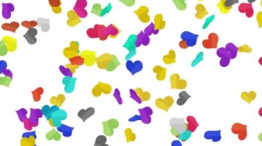 Birçok renkli kalp beyaz arka planda havada süzülüyor. Kalp simgeleri patlama illüstrasyonu. Çocukluk eğitimi konsepti. 3B döngü canlandırması.