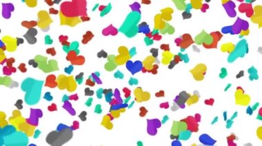 Birçok renkli kalp beyaz arka planda havada süzülüyor. Kalp simgeleri patlama illüstrasyonu. Çocukluk eğitimi konsepti. 3B döngü canlandırması.