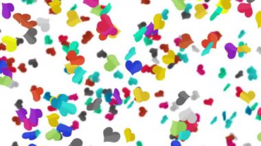 Birçok renkli kalp beyaz arka planda havada süzülüyor. Kalp simgeleri patlama illüstrasyonu. Çocukluk eğitimi konsepti. 3B döngü canlandırması.