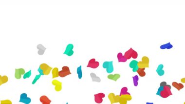 Birçok renkli kalp beyaz arka planda havada süzülüyor. Kalp simgeleri patlama illüstrasyonu. Çocukluk eğitimi konsepti. 3B döngü canlandırması.